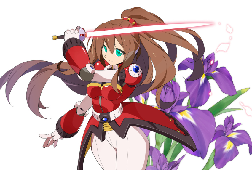 1girl android armor brown_hair energy_sword flower gloves green_eyes high-waist_pantyhose high_collar high_ponytail holding holding_sword holding_weapon iris_(mega_man) iris_-another-_(mega_man) joints kaidou_zx long_hair looking_at_viewer mega_man_(series) mega_man_x_(series) mega_man_x_dive military military_uniform pantyhose ponytail rapier red_armor robot robot_girl robot_joints shoulder_jewel simple_background solo sword very_long_hair weapon white_background white_gloves