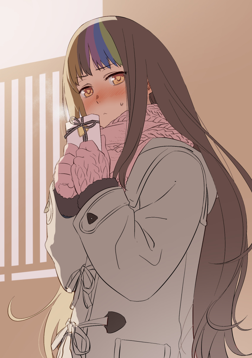 1girl :&lt; beige_coat blush box brown_eyes brown_hair coat commentary duffel_coat embarrassed galaco galaco_(neo) gift gloves half-closed_eyes highres holding holding_box holding_gift knit_gloves long_hair looking_at_viewer multicolored_hair pink_gloves pink_scarf scarf sidelighting sidelocks solo streaked_hair sweat tarokazu upper_body valentine very_long_hair vocaloid