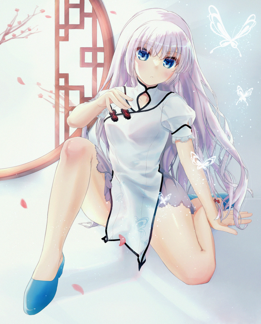 1girl :c \||/ absurdres alternate_costume animal_print arm_at_side arm_support blue_eyes blue_footwear blunt_ends blush bug butterfly butterfly_print china_dress chinese_clothes closed_mouth commentary commission curvy dress eyes_visible_through_hair fingernails floating_hair frilled_sleeves frills frown full_body glowing_butterfly grey_background hair_between_eyes hand_up high_heels highres hip_vent insect knee_up light_particles long_hair looking_at_viewer naruse_shiroha natsuoto_rito puffy_short_sleeves puffy_sleeves pumps round_window shiny_skin short_dress short_sleeves simple_background sitting skeb_commission solo summer_pockets thighs very_long_hair white_dress white_hair window