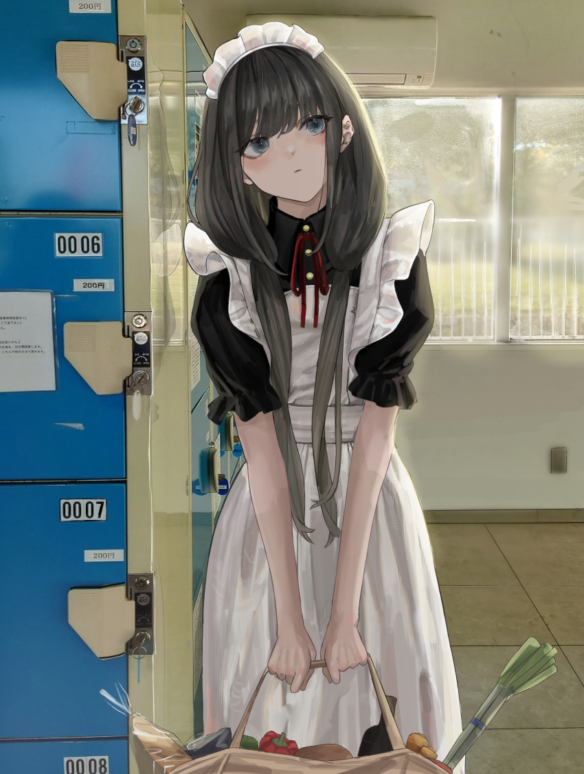1girl absurdres air_conditioner apron bag baguette bell_pepper black_hair blue_eyes bread carrot closed_mouth collared_dress dress eyes_visible_through_hair food grocery_bag head_tilt highres holding holding_bag light_blush locker locker_room long_hair looking_away maid maid_apron maid_headdress original puffy_short_sleeves puffy_sleeves red_ribbon ribbon sawatani_(_swt2) shopping_bag short_sleeves solo spring_onion vegetable window