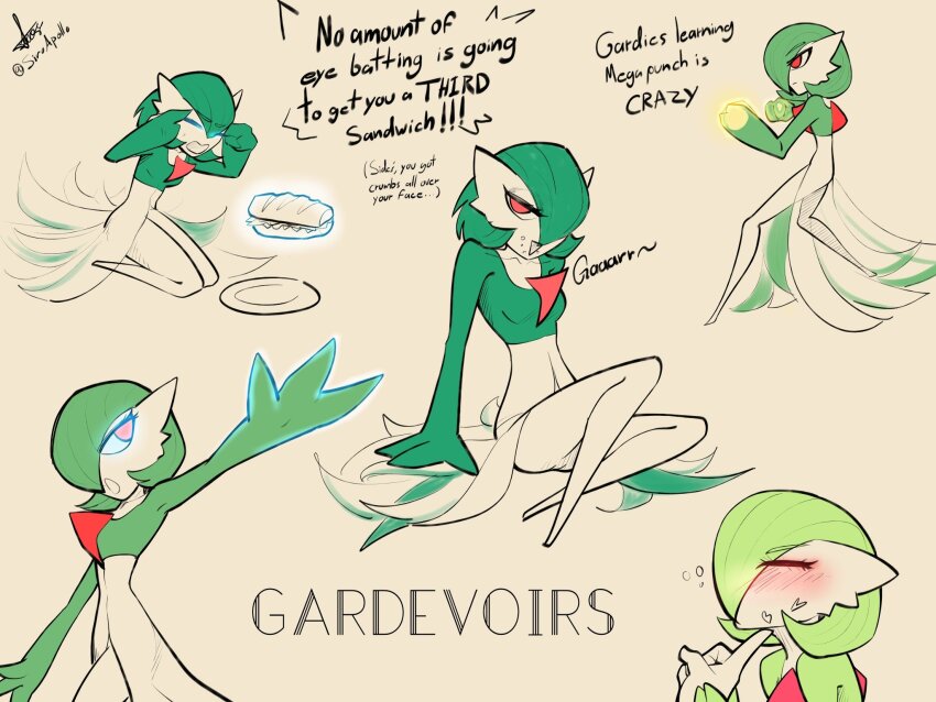 1girl artist_name blush bob_cut character_name chin_rub closed_eyes colored_skin dress fighting_stance food food_on_face gardevoir gen_3_pokemon glowing glowing_eyes green_hair green_skin hair_over_one_eye highres multicolored_skin multiple_views nintendo pink_eyes pokemon pokemon_(creature) psychic sandwich signature simple_background siroapollo sitting two-tone_skin white_dress white_skin
