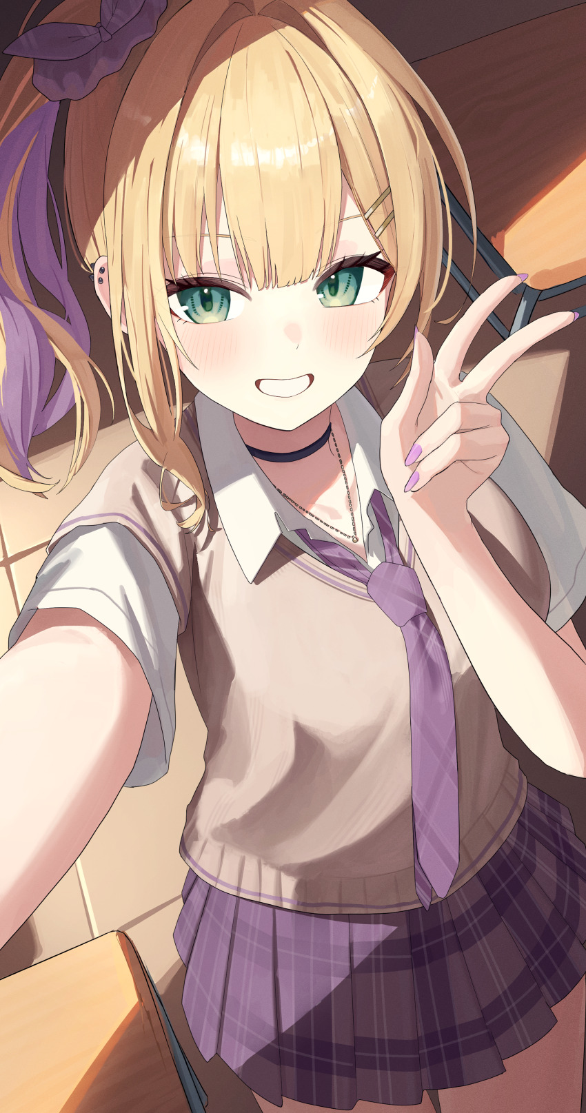 1girl absurdres black_choker blonde_hair blush breasts choker collared_shirt ear_piercing green_eyes hair_ornament hair_scrunchie hairclip highres indoors kurumi_noah long_hair looking_at_viewer medium_breasts necktie piercing purple_necktie purple_skirt ronununn school_uniform scrunchie selfie shirt short_sleeves side_ponytail skirt smile solo v vest virtual_youtuber vspo! white_shirt yellow_vest