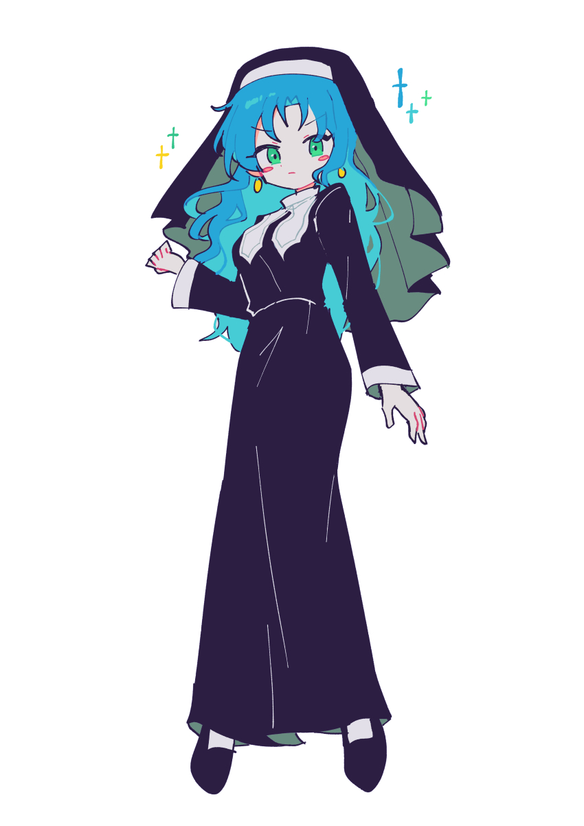 1girl absurdres alternate_costume black_footwear blue_hair blush_stickers closed_mouth earrings full_body green_eyes highres jewelry long_hair long_sleeves looking_at_viewer nun offbeat puyopuyo rulue_(puyopuyo) simple_background sketch solo wavy_hair white_background