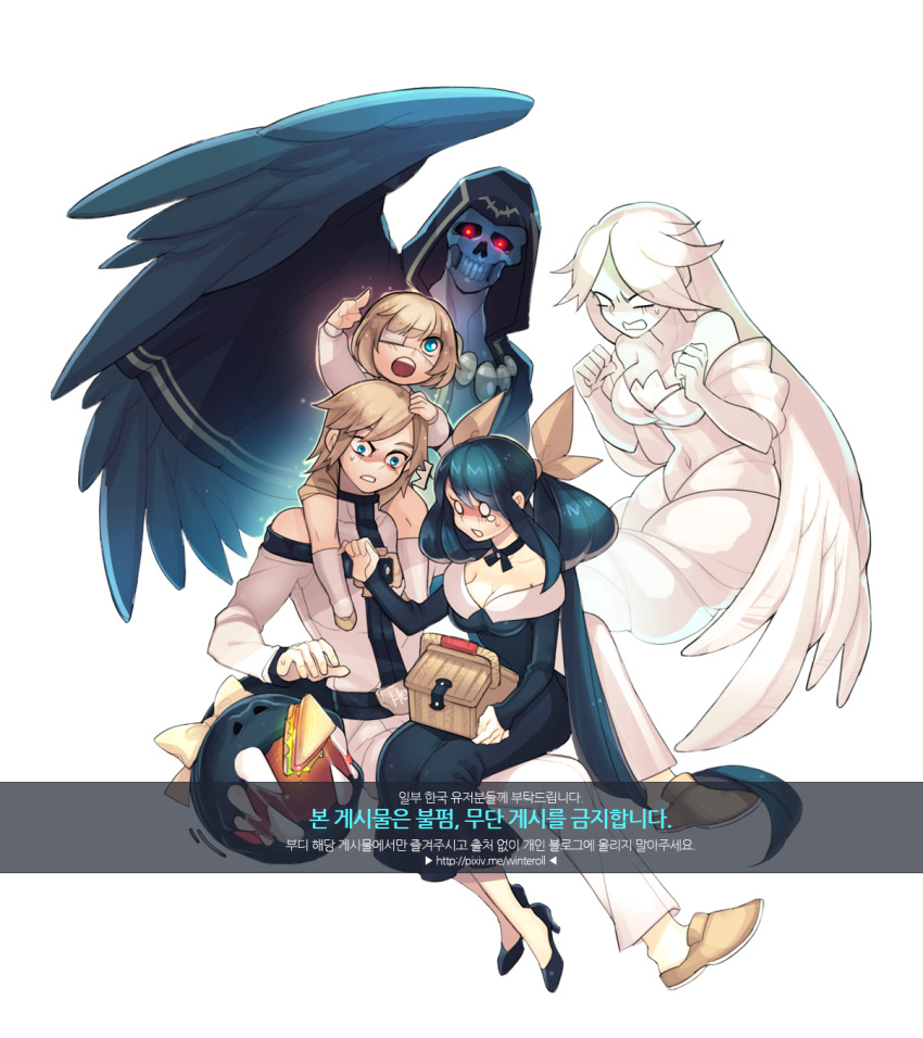 2girls 3boys angel_wings asymmetrical_wings bare_shoulders basket black_dress blonde_hair blue_hair breasts choker cleavage dizzy_(guilty_gear) dress eyepatch family father_and_son food full_body guilty_gear guilty_gear_2 hair_ribbon high_heels highres husband_and_wife ky_kiske large_breasts long_hair monster_girl mother_and_son multiple_boys multiple_girls necro_(guilty_gear) open_mouth pixiv_username ribbon san_(winteroll) sandwich short_hair sin_kiske sitting sitting_on_lap sitting_on_person tail tail_mouth tail_ornament tail_ribbon twintails undine_(guilty_gear) wings yellow_ribbon