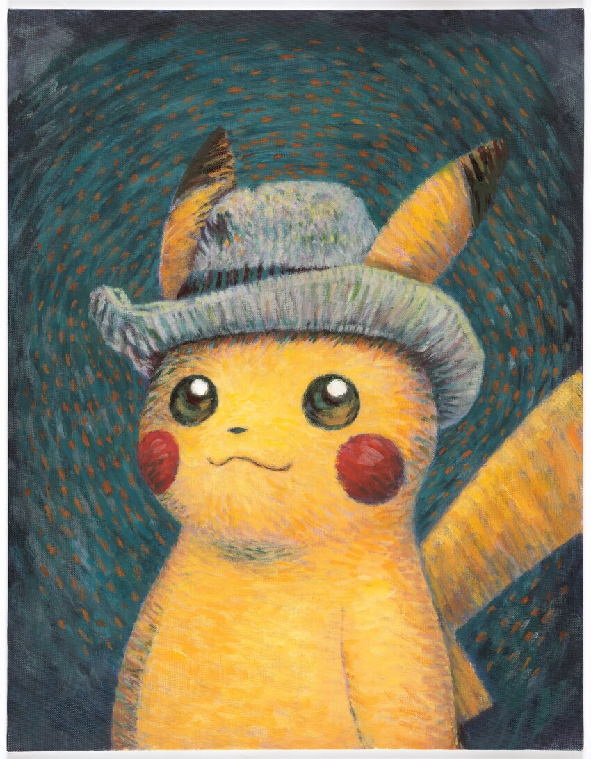 :3 absurdres blue_background border closed_mouth clothed_pokemon fine_art_parody gen_1_pokemon green_background grey_hat hat highres kimura_naoyo looking_at_viewer nintendo no_humans official_art painting_(medium) parody pikachu pokemon pokemon_(creature) pokemon_focus portrait second-party_source self-portrait_with_grey_felt_hat smile solo style_parody traditional_media vincent_van_gogh_(style) white_border