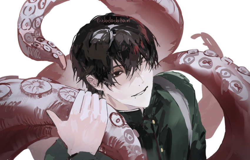 1boy black_eyes black_hair chainsaw_man commentary daham gakuran hair_between_eyes korean_commentary looking_at_viewer male_focus mole mole_under_mouth octopus school_uniform short_hair simple_background solo tentacles unfinished white_background yoshida_hirofumi