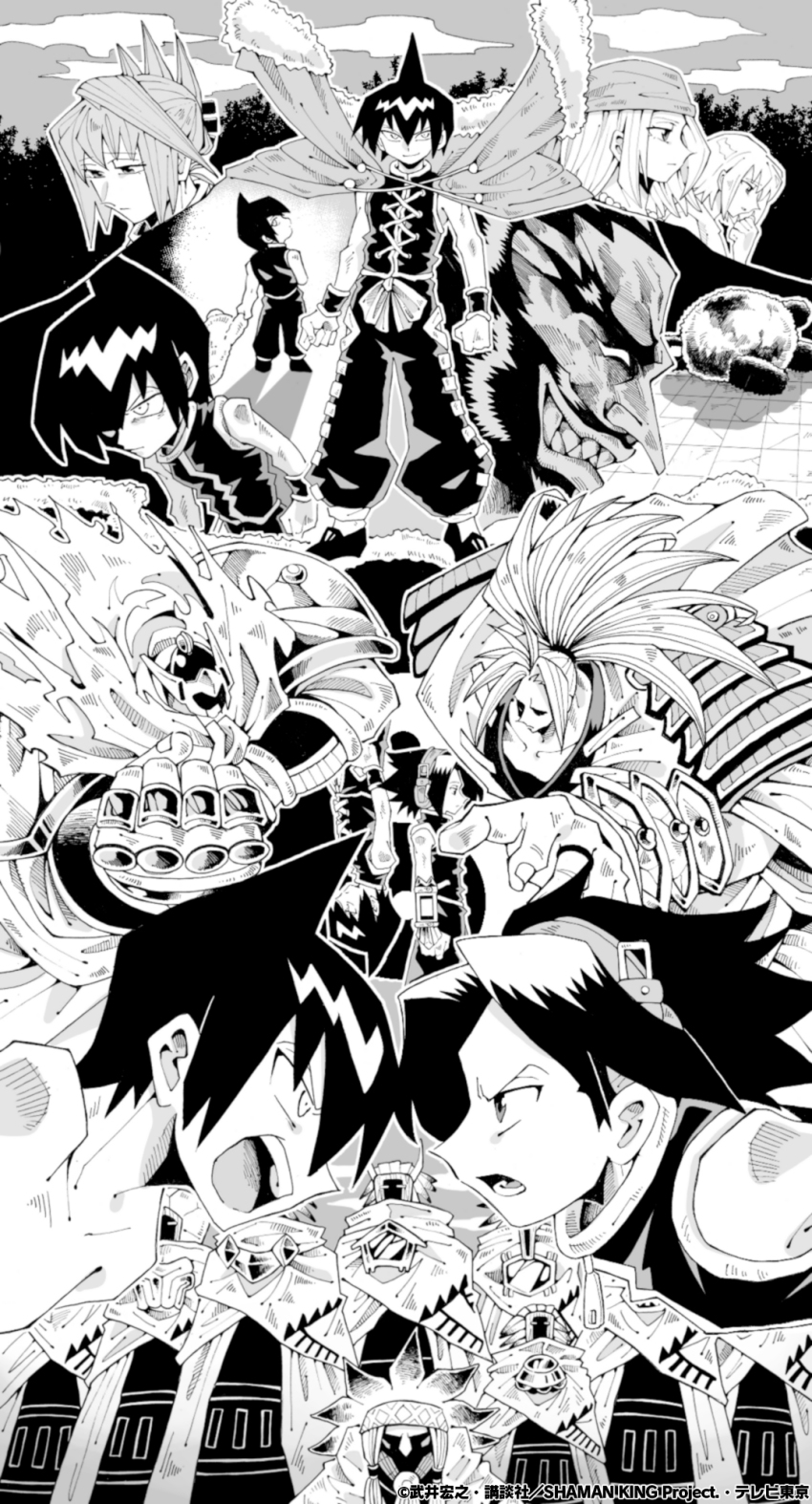 4girls 6+boys amidamaru armor asakura_yoh aura bare_shoulders bason battle blood brother_and_sister cape chinese_clothes corpse evil_grin evil_smile facial_hair father_and_son fighting forest ghost goldva grin hairband headphones highres holding holding_sword holding_weapon katana kyouyama_anna long_hair looking_at_viewer looking_to_the_side mask monochrome multiple_boys multiple_girls muscular mustache nature night night_sky official_art panda polearm ponytail possessed possession samurai sequential serious shaman_king sharp_teeth siblings silva_(shaman_king) sky smile spiked_hair standing stuffed_animal stuffed_toy sweat sword tamamura_tamao tao_jun tao_ren tao_yuan tattoo teeth translation_request tree usui_horokeu very_long_hair violence weapon aged_down