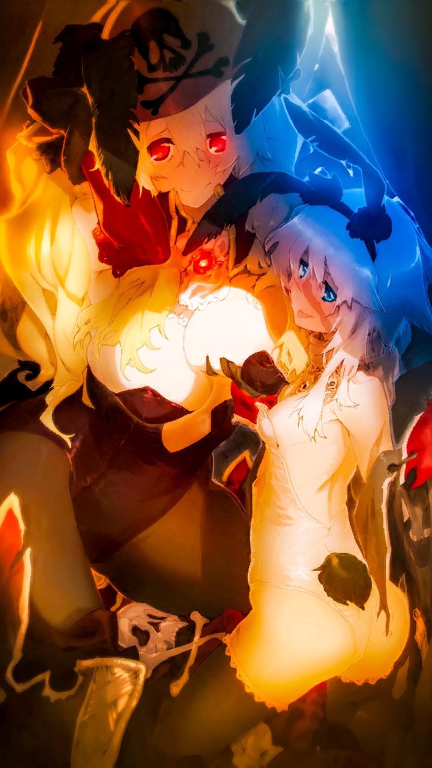 2girls absurdres anne_bonny_(fate) ass blonde_hair breast_hold breasts collar fate/grand_order fate_(series) hat highres i-iv_(longman) large_breasts long_hair looking_at_viewer mary_read_(fate) moonlight multiple_girls non-web_source official_art pantyhose short_hair small_breasts smile white_hair