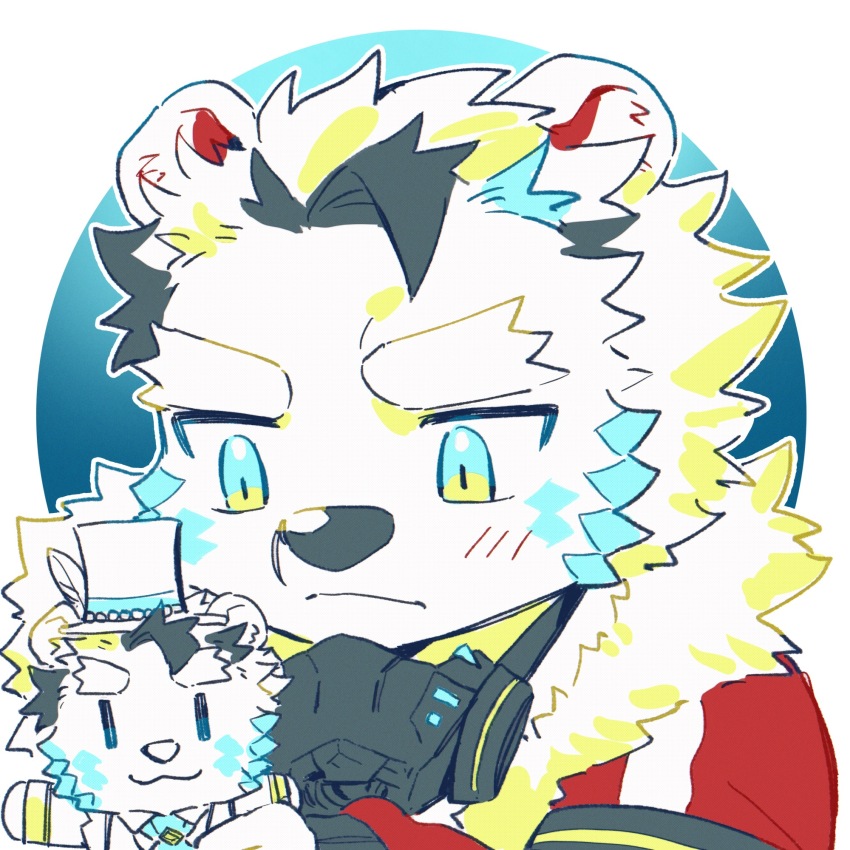 1boy animal_ears bear_boy bear_ears blush chibi closed_mouth commentary fur-trimmed_jacket fur_trim furry furry_male gas_mask hagiography hat highres holding holding_stuffed_toy jack_frost_(housamo) jacket looking_at_object male_focus mask multicolored_hair stuffed_animal stuffed_toy tokyo_houkago_summoners top_hat upper_body