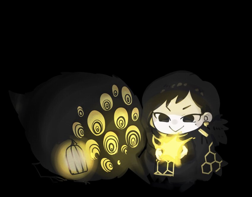 1girl :&gt; big_bird_(project_moon) binah_(project_moon) bird black_background black_coat black_dress black_eyes black_hair blonde_hair chibi closed_mouth coat colored_inner_hair dress extra_eyes full_body fur-trimmed_coat fur_trim hexagon_print highres holding holding_lantern kojocho05 lantern library_of_ruina long_hair looking_at_object mole mole_under_eye multicolored_hair project_moon simple_background smile yellow_eyes
