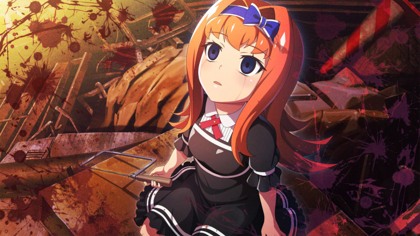 1girl black_dress blood blue_bow blue_eyes blue_hairband bow bow_hairband coping_saw crying dress empty_eyes evening frilled_dress frills from_above game_cg hair_bow hair_intakes hairband highres higurashi_no_naku_koro_ni higurashi_no_naku_koro_ni_mei holding_saw houtani_nao junk long_hair looking_up non-web_source official_art orange_hair outdoors short_sleeves sitting solo traffic_cone