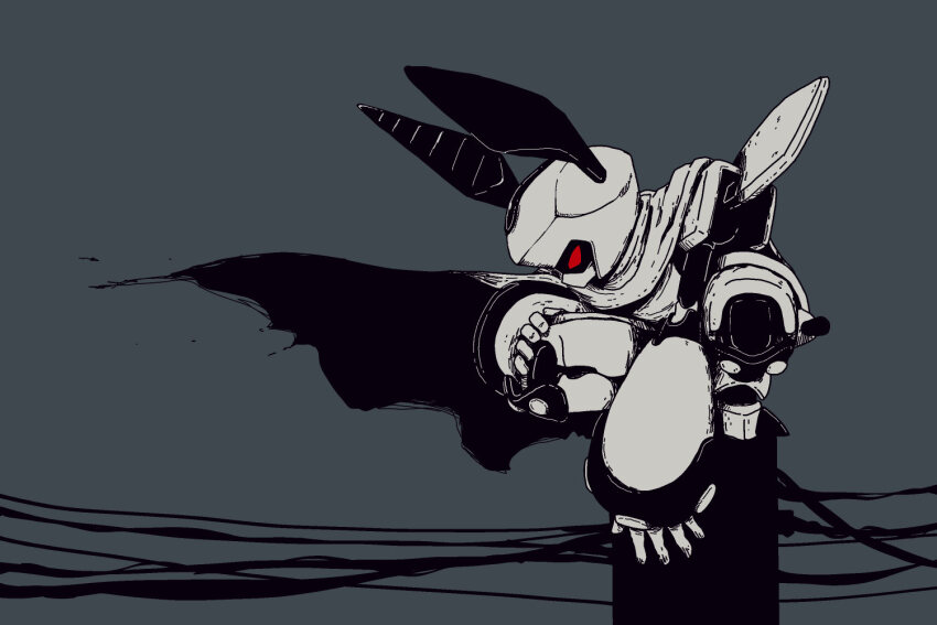 antennae cape commentary_request medarot outdoors red_eyes robot rokusho_(medarot) solo squatting ten_(prop03) utility_pole