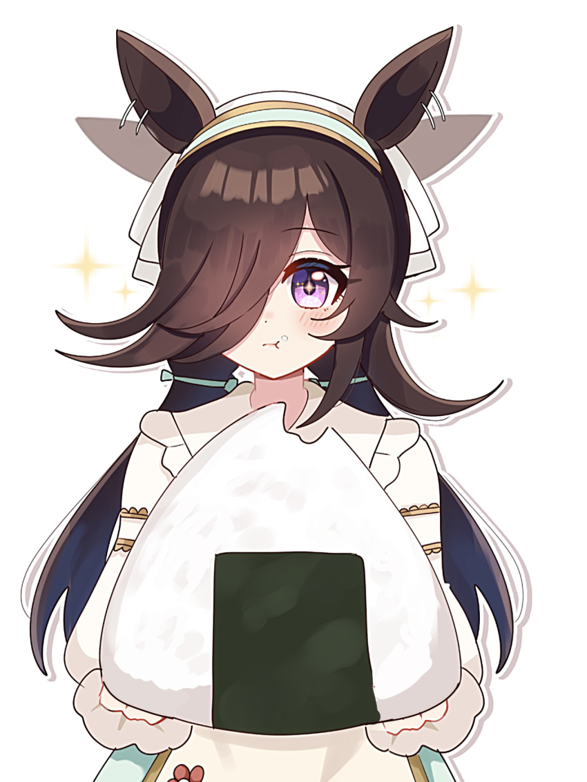 1girl alternate_costume black_hair commentary_request eating food hair_between_eyes hair_over_one_eye highres horse_girl looking_at_viewer onigiri portrait purple_eyes rice_shower_(umamusume) rice_shower_(yummy_dreamy_fairy)_(umamusume) shiroiro_obake simple_background smile solo umamusume white_background