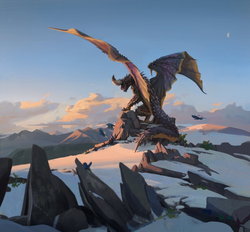 animal_focus bird blue_sky claws cloud commentary dragon dragon_wings english_commentary half_moon highres kolzura_art large_horns monster monster_hunter_(series) monster_hunter_wilds moon mountainous_horizon mountaintop nergigante rock scales sky snow spiked_arm spiked_tail spiked_wings spikes tail wings