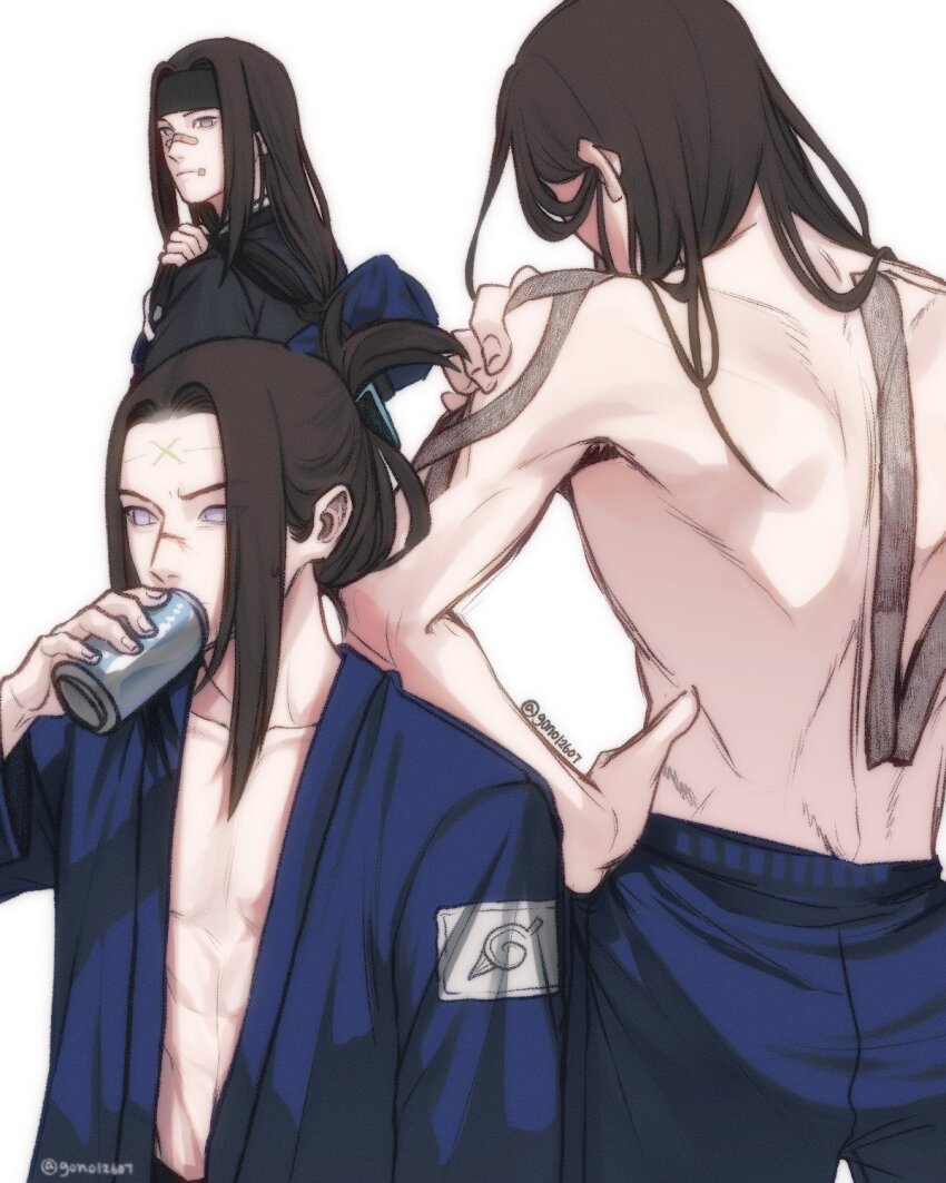 1boy bandaid bandaid_on_cheek bandaid_on_face bandaid_on_nose black_hair black_headband blue_jacket blue_pants can cup from_behind gon012607 grey_eyes hand_on_own_hip hand_on_own_shoulder headband highres holding holding_can hyuuga_neji jacket long_hair male_focus multiple_views naruto_(series) no_pupils open_clothes open_jacket pants parted_bangs scar scar_on_face scar_on_forehead scar_on_nose solo sweatpants topless_male twintails updo white_background