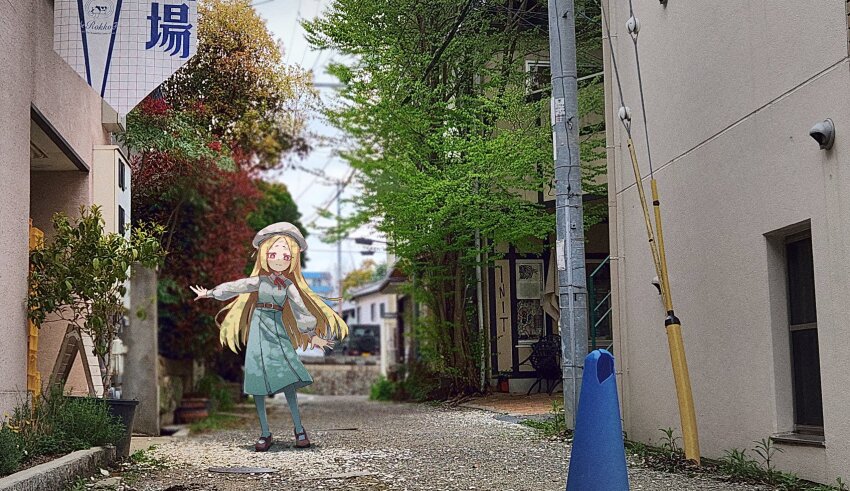 1girl belt blonde_hair blue_dress blue_thighhighs blurry blurry_background blush brown_footwear child dokurokou dress flat_chest full_body gravel hat highres ladder lamppost long_bangs long_hair looking_at_viewer mahou_shoujo_ni_akogarete manhole_cover military_jeep morino_korisu motor_vehicle photo_background red_eyes sailor_hat shirt smile solo thighhighs traffic_cone tree white_hat white_shirt