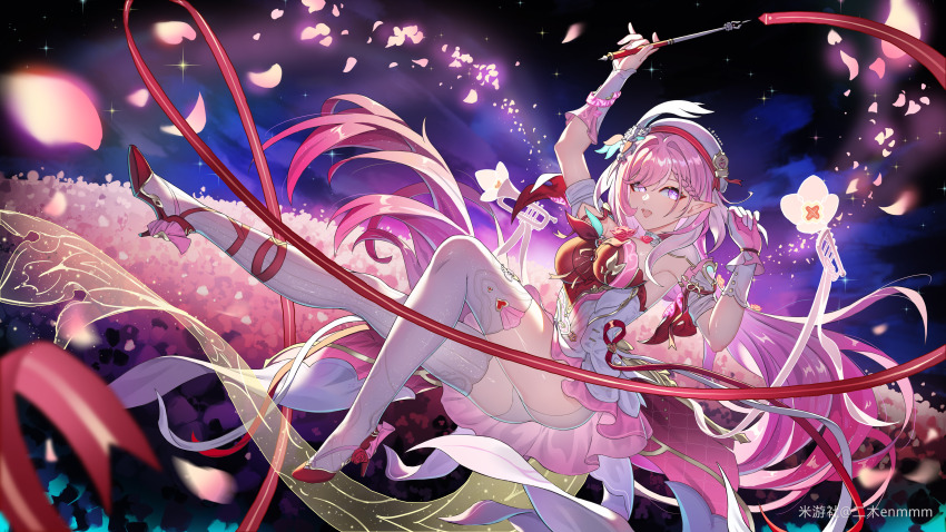 1girl absurdres beret breasts chinese_commentary commentary_request diamond-shaped_pupils diamond_(shape) dress elf elysia_(hi_love_elf)_(honkai_impact) elysia_(honkai_impact) ermu_(enmmm) falling_petals field flower flower_field hat high_heels highres honkai_(series) honkai_impact_3rd instrument large_breasts long_hair miyoushe_watermark multicolored_hair petals pink_dress pink_hair pointy_ears purple_eyes red_dress ribbon shorts shorts_under_dress smile solo symbol-shaped_pupils thighhighs thighs trumpet two-tone_hair very_long_hair watermark white_dress white_hair white_shorts white_thighhighs