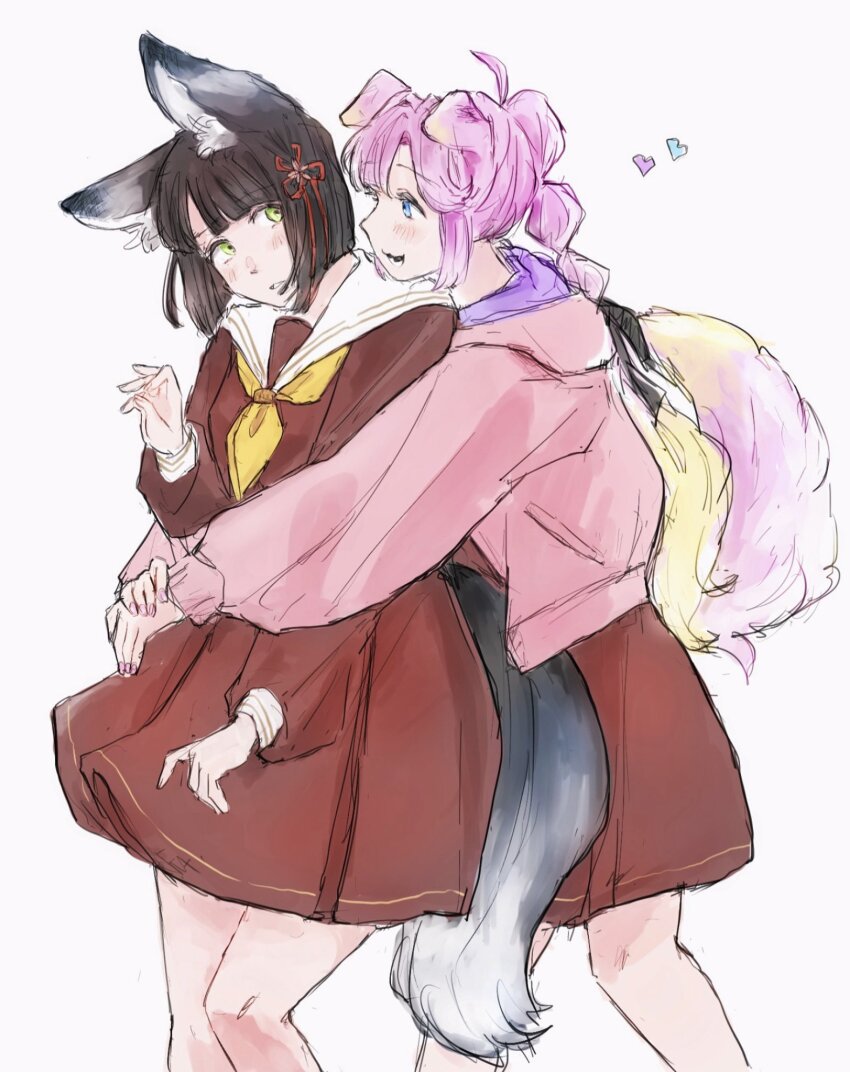2girls :3 :d animal_ears anyoji_hime black_hair black_ribbon blunt_bangs blunt_ends blunt_sidelocks bob_cut brown_dress commentary dog_ears dog_girl dog_tail dress feet_out_of_frame flower flower_knot fox_ears fox_girl fox_tail green_eyes hair_flower hair_ornament hair_ribbon hasu_no_sora_school_uniform heart highres hood hooded_jacket hug hug_from_behind jacket kemonomimi_mode link!_like!_love_live! long_sleeves looking_at_another love_live! medium_dress momose_ginko multi-tied_hair multiple_girls neckerchief open_mouth parted_lips pink_flower pink_jacket pleated_dress ponytail ribbon sailor_collar sailor_dress school_uniform short_hair sidelocks simple_background smile tail virtual_youtuber white_background white_sailor_collar winter_uniform yam5565 yellow_neckerchief