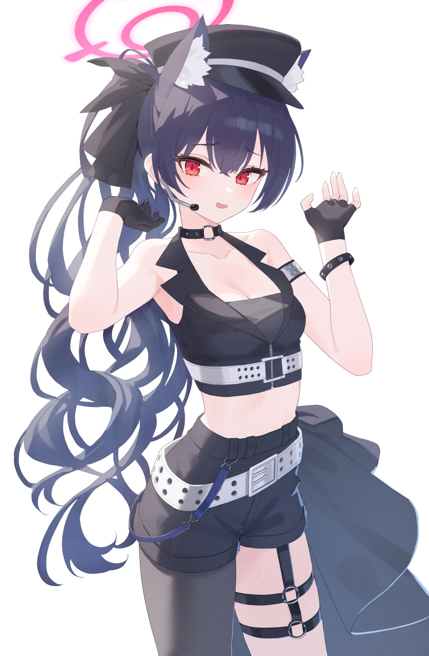 1girl absurdres animal_ear_fluff animal_ears asymmetrical_gloves bare_shoulders black_gloves black_hair black_hat black_shorts black_vest blue_archive blush breasts cat_ears cat_girl cleavage commentary earpiece extra_ears fingerless_gloves gloves hair_between_eyes halo hands_up hat highres long_hair looking_at_viewer medium_breasts midriff mismatched_gloves official_alternate_costume official_alternate_hairstyle open_mouth peaked_cap ponytail red_eyes red_halo serika_(blue_archive) serika_(idol)_(blue_archive) short_shorts shorts simple_background single_fingerless_glove solo suumon very_long_hair vest white_background