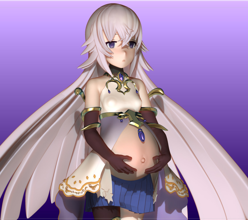 1girl 3d artistic_error asymmetrical_legwear bad_id bad_twitter_id black_gloves black_socks blue_skirt breasts covered_erect_nipples empty_eyes gloves gradient_background grimms_notes gyouza_aquarium holding_stomach long_hair magic magic_mirror_(grimms_notes) open_mouth pregnant purple_background purple_eyes purple_hair skirt socks solo white_socks