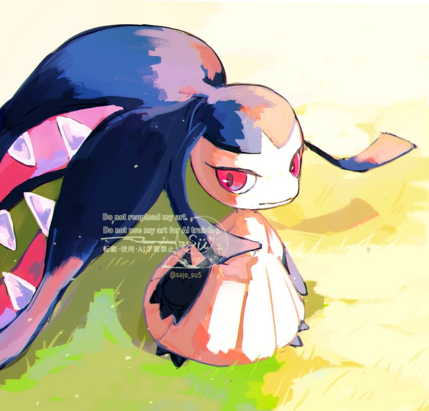 1other artist_name closed_mouth from_above full_body gen_3_pokemon highres looking_at_viewer mawile nintendo on_grass pokemon pokemon_(creature) red_eyes red_pupils sharp_teeth standing su_(sajo_su5) teeth watermark