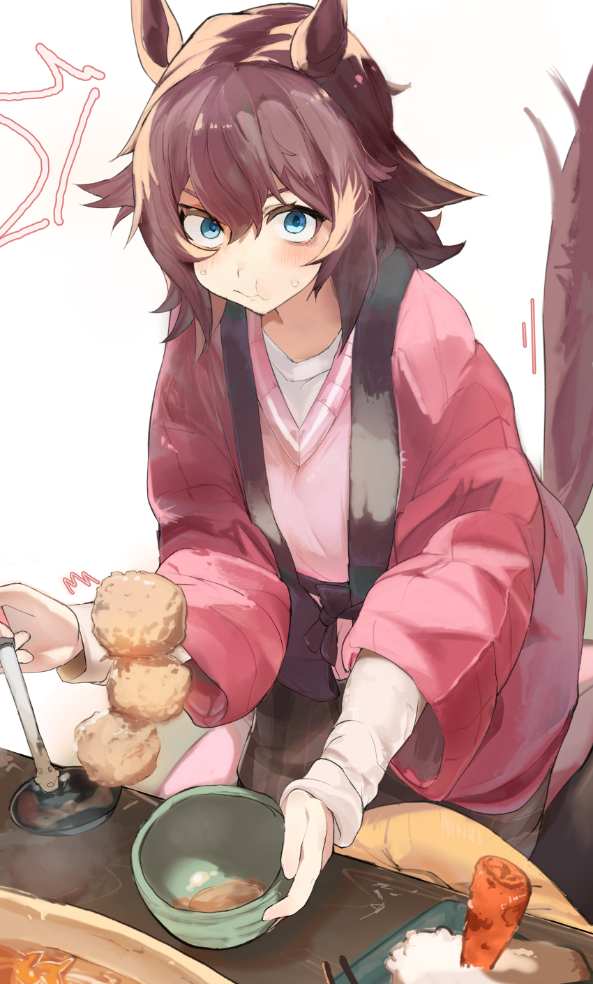 1girl absurdres alternate_costume animal_ears blue_eyes blush bowl brown_hair carrot chopsticks commentary_request fagrp12 food hair_between_eyes highres horse_ears horse_girl horse_tail kneeling ladle long_sleeves medium_hair pink_shirt plate sakura_chiyono_o_(umamusume) seiza shirt simple_background sitting solo surprised table tail tail_raised umamusume v-shaped_eyebrows white_background wide_sleeves