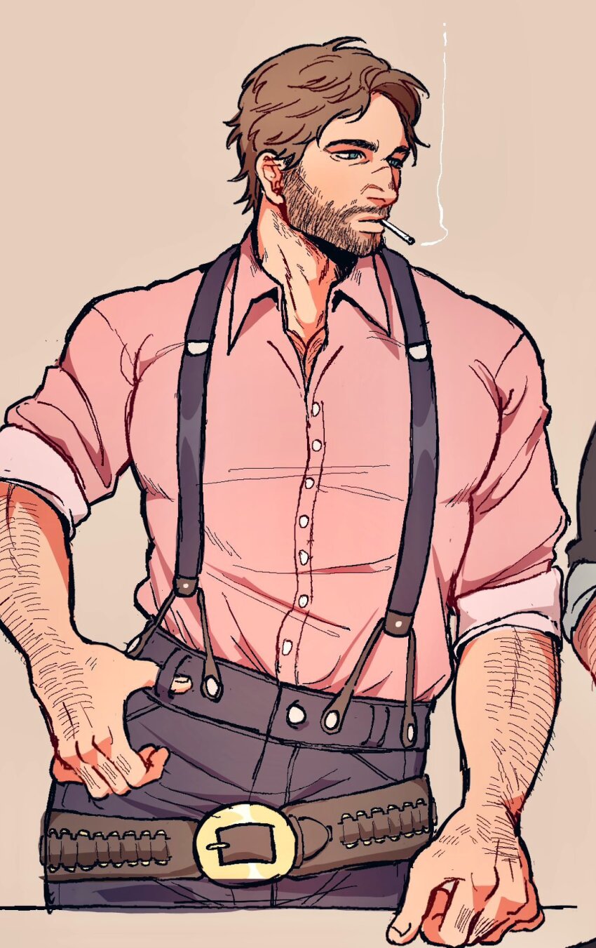 1boy arthur_morgan bara beard_stubble belt brown_hair chest_hair cigarette collared_shirt denim facial_hair hairy hand_hair highres jeans large_pectorals looking_to_the_side male_focus mature_male muscular muscular_male okrckc overalls pants pectorals pink_shirt red_dead_redemption_(series) shirt sleeves_rolled_up smoking solo sparse_arm_hair stubble thick_eyebrows