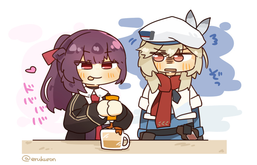 2girls beret black_jacket caramel character_request chibi coffee cup girls&#039;_frontline girls&#039;_frontline_2:_exilium hat highres jacket lcron looking_at_another makiatto_(girls&#039;_frontline_2) mug multiple_girls nagant_(girls&#039;_frontline_2) nagant_revolver_(girls&#039;_frontline) necktie nervous ponytail purple_hair red_eyes smile squeezing table tongue tongue_out wa2000_(girls&#039;_frontline)