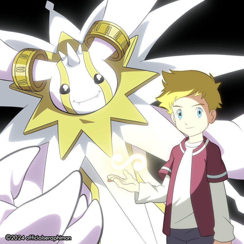 black_eyes blonde_hair blue_eyes cherubimon cherubimon_(virtue) digimon digimon_(creature) digimon_adventure_02 digimon_adventure_02:_digimon_hurricane_jouriku!!_chouzetsu_shinka!!_ougon_no_digimental fangs highres holy_ring looking_at_viewer officialseraphimon smile wallace_(digimon)