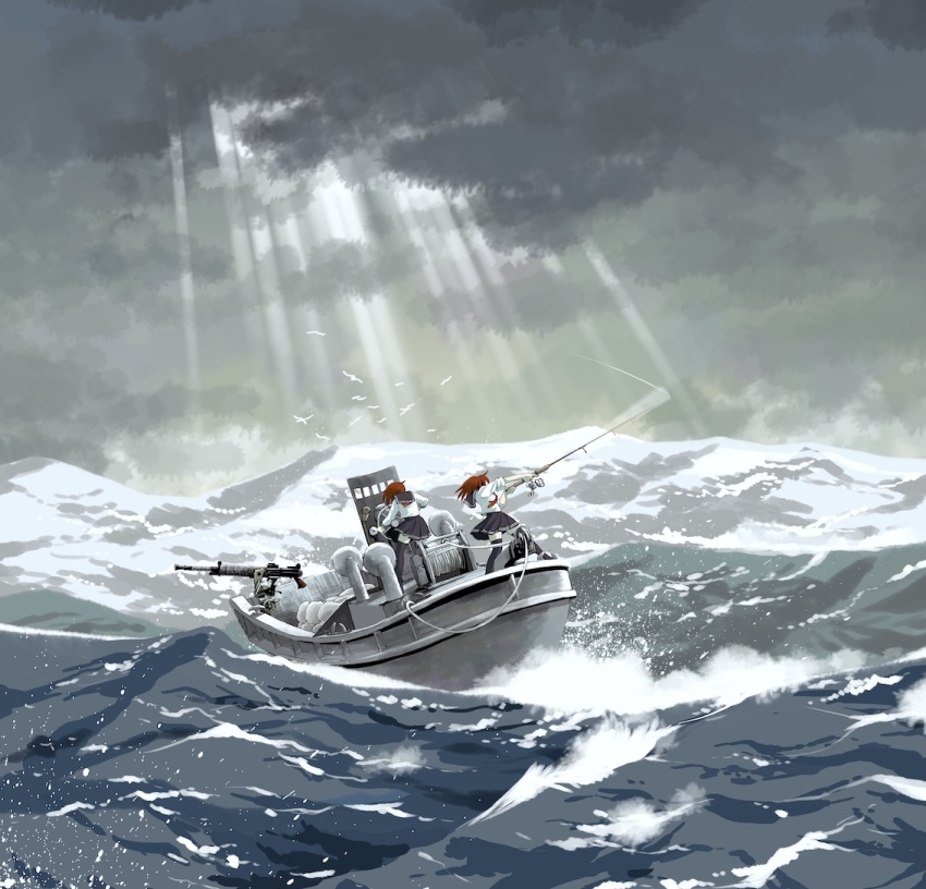 2girls bird blue_sailor_collar blue_skirt blue_thighhighs boat brown_hair cloud cloudy_sky commentary_request daihatsu_(landing_craft) fishing fishing_rod holding holding_fishing_rod ikazuchi_(kancolle) inazuma_(kancolle) kantai_collection landing_craft long_sleeves matsuda_juukou multiple_girls neckerchief ocean pleated_skirt red_neckerchief sailor_collar school_uniform seagull serafuku shirt skirt sky sleeves_rolled_up thighhighs watercraft waves weapon_request white_shirt
