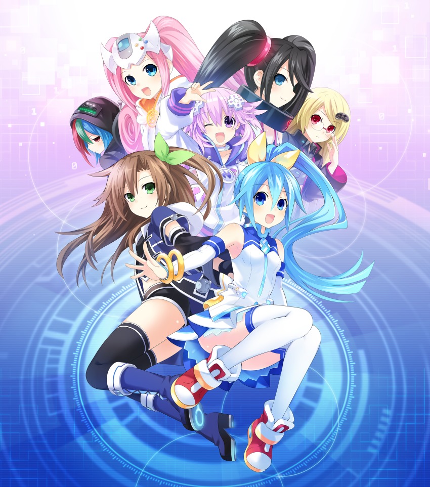 6+girls absurdres adjusting_eyewear bare_shoulders black_hair blonde_hair blue_eyes blue_hair blush bodysuit book boots braid breasts brown_hair chibi choujigen_taisen_neptune_vs_sega_hard_girls earrings gloves green_eyes hair_between_eyes hair_ornament heterochromia highres holding holding_book if_(neptunia) jewelry long_hair medium_breasts multiple_girls neptune_(neptunia) neptune_(series) official_art open_mouth orange_hair pink_hair ponytail purple_eyes purple_hair red_eyes sega_dreamcast_(sega_hard_girls) sega_game_gear_(sega_hard_girls) sega_hard_girls sega_hatsumi sega_mega_drive_(sega_hard_girls) sega_saturn_(sega_hard_girls) segami sitting skirt small_breasts smile standing symbol-shaped_pupils thigh_boots thighhighs thighs tsunako twin_braids twintails very_long_hair zettai_ryouiki