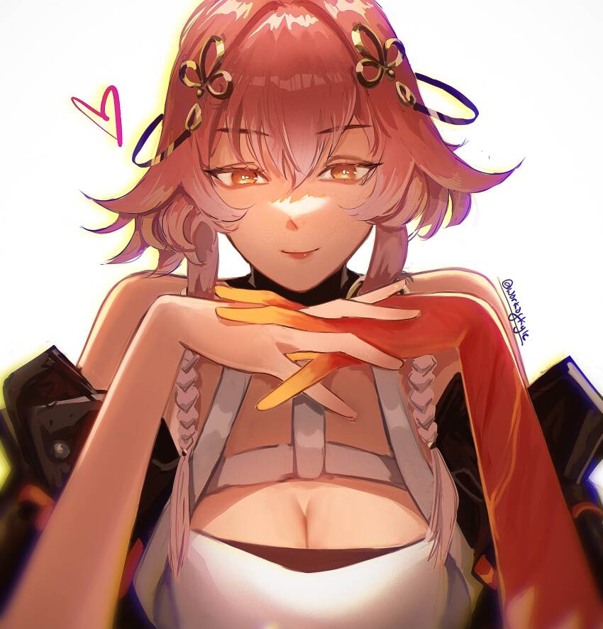 1girl absurdres artistic_error bare_shoulders braid breasts changli_(wuthering_waves) closed_mouth colored_extremities commentary english_commentary gendou_pose hair_ornament hands_clasped heart highres large_breasts looking_at_viewer multicolored_hair orange_eyes own_hands_clasped own_hands_together pink_hair red_hands smile solo twin_braids two-tone_hair upper_body white_background white_hair workofkyle wuthering_waves