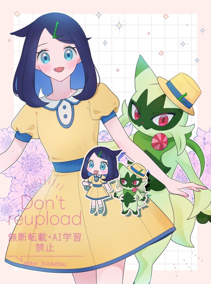 1girl :d black_hair blue_eyes chibi chibi_inset collared_dress colored_inner_hair commentary cowlick dress eyelashes floragato grid_background hair_ornament hairclip happy highres liko_(pokemon) long_hair looking_at_viewer multicolored_hair multiple_views nintendo open_mouth pokemon pokemon_(anime) pokemon_(creature) pokemon_horizons rei_hinketsu short_sleeves smile sparkle swept_bangs symbol-only_commentary twitter_username watermark yellow_dress