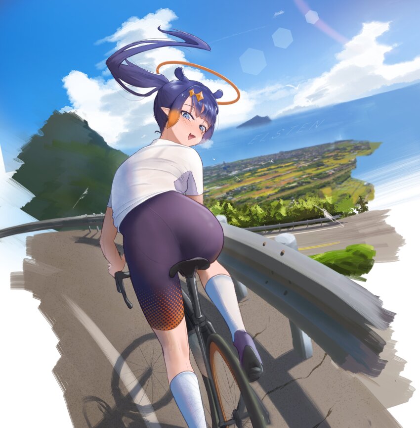 1girl absurdres ass bicycle bike_shorts blue_eyes blue_sky blush bra cloud day diamond_hairband elsten guard_rail halo highres hololive long_hair looking_at_viewer looking_back ninomae_ina&#039;nis open_mouth outdoors pointy_ears ponytail purple_hair riding riding_bicycle road see-through_clothes shirt shoes sky socks solo sweatdrop t-shirt tentacle_hair underwear virtual_youtuber white_socks yellow_halo