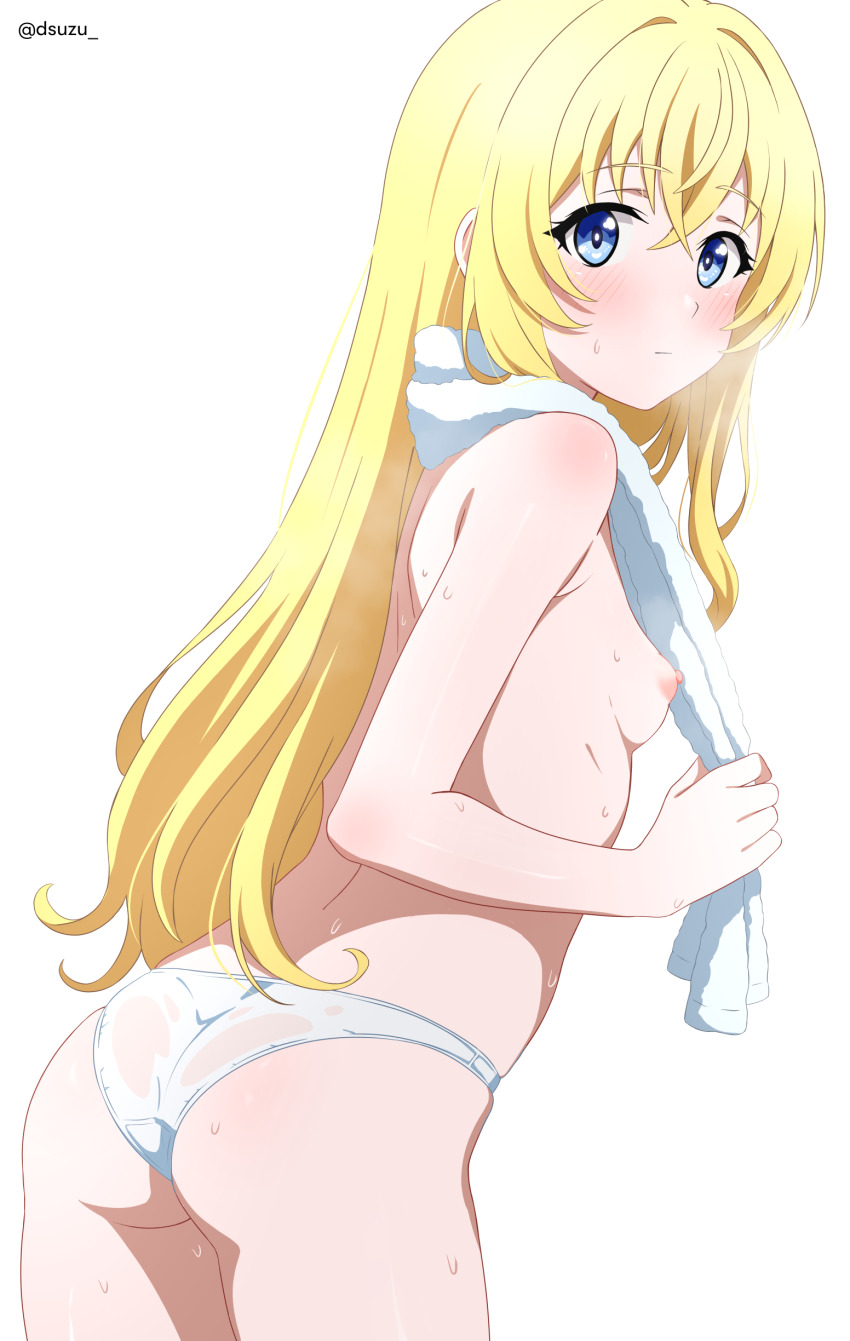 absurdres ass blonde_hair blue_eyes blush breasts commentary_request cowboy_shot dsuzu from_side goblin_slayer! highres long_hair nipples panties priestess_(goblin_slayer!) simple_background small_breasts thighs topless_female towel towel_around_neck twitter_username underwear wedgie white_background white_panties