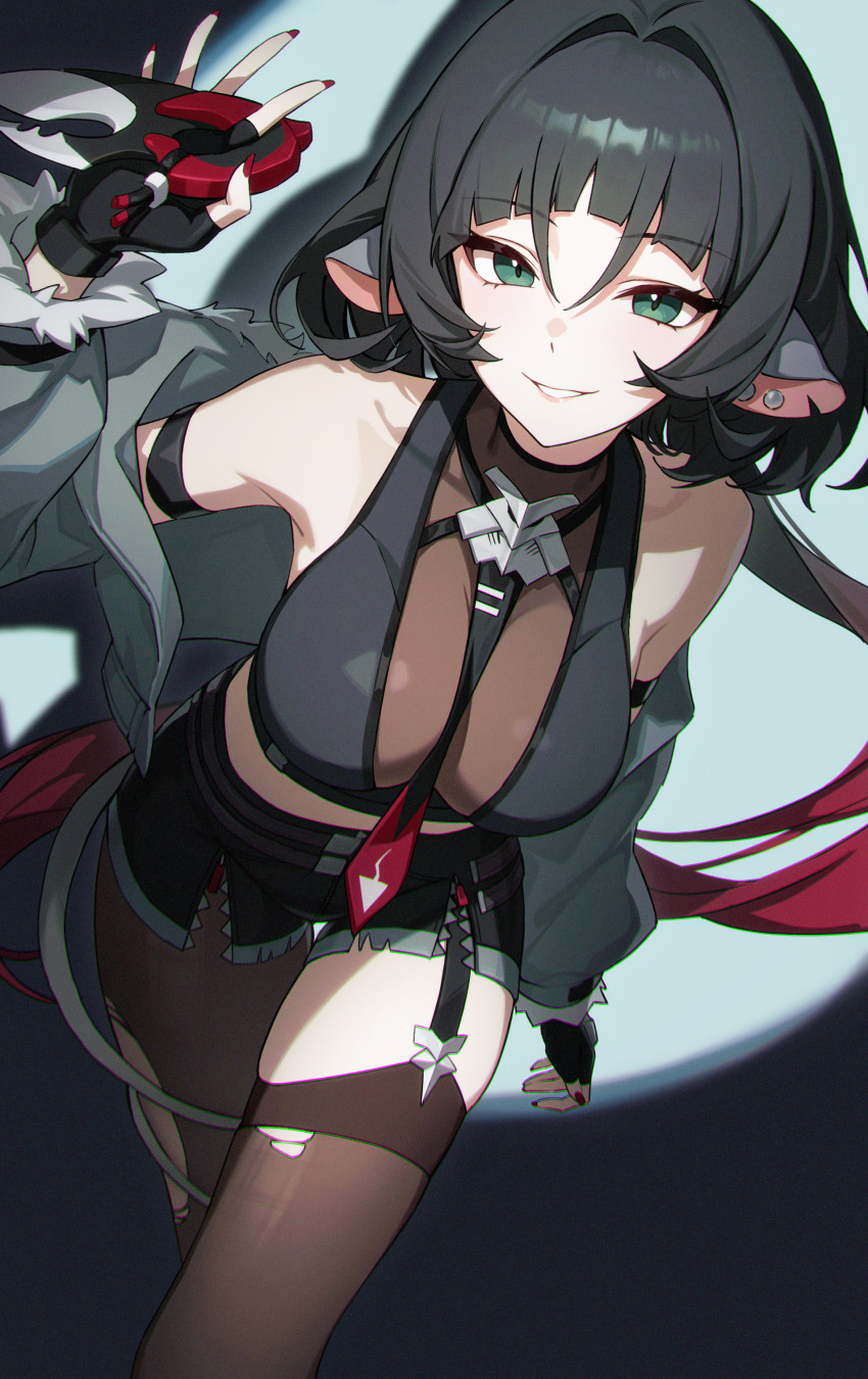 1girl absurdres animal_ear_piercing animal_ears asymmetrical_legwear bare_shoulders between_breasts black_gloves black_hair black_necktie black_shorts breasts commentary_request cowboy_shot fingerless_gloves fingernails fur-trimmed_jacket fur_trim gloves green_eyes grin highres holding holding_knife jacket jane_doe_(zenless_zone_zero) knife large_breasts long_fingernails long_hair looking_at_viewer mouse_ears mouse_girl nail_polish necktie necktie_between_breasts off_shoulder pantyhose parted_lips red_nails red_necktie shali shorts simple_background single_leg_pantyhose single_thighhigh smile solo thighhighs torn_clothes torn_pantyhose two-tone_necktie zenless_zone_zero