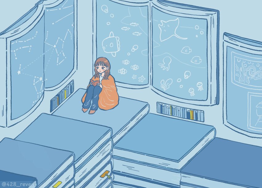 1girl 428_reverb betelgeuse_(star) blue_pants blue_theme book book_stack bookmark brown_eyes brown_hair canis_major_(constellation) canis_minor_(constellation) constellation fish gemini_(constellation) girl_with_a_pearl_earring highres holding holding_book jellyfish knees_up long_hair manta_ray ocean_sunfish octopus open_book original orion_(constellation) oversized_object pants procyon_(star) sirius_(star) sitting smile solo star_map starfish surreal taurus_(constellation) twitter_username wide_shot