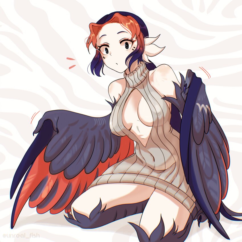1girl absurdres animal_ears aran_sweater backless_dress backless_outfit backwards_virgin_killer_sweater bird_ears bird_legs bird_tail black_eyes black_feathers black_hair black_wings blue_hair breasts cable_knit covered_erect_nipples covered_navel dress ev_v1l feathered_wings feathers gradient_hair grey_sweater highres long_hair looking_at_viewer medium_breasts meme_attire multicolored_hair naked_sweater original red_feathers red_hair red_wings ribbed_sweater sitting sleeveless sleeveless_sweater solo sweater sweater_dress tail talons turtleneck turtleneck_sweater very_long_hair virgin_killer_sweater wariza white_background winged_arms wings
