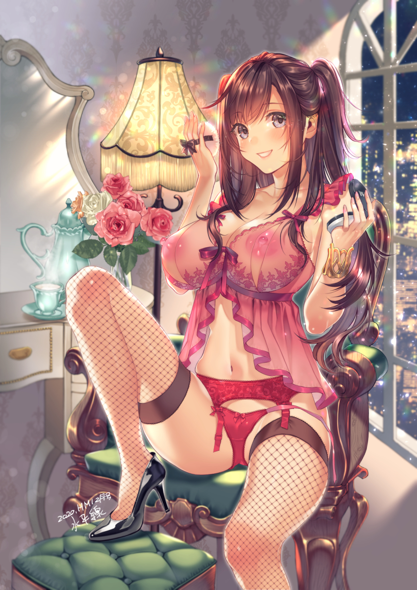 1girl blue_eyes breasts brown_hair chair comic_hotmilk cover cover_page covered_erect_nipples cup eyebrows_hidden_by_hair fishnet_thighhighs fishnets high_heels highres holding indoors lamp large_breasts long_hair looking_at_viewer mirror nipples original panties see-through_clothes side_ponytail sitting smile solo stomach suihei_sen teacup teapot thighhighs underwear