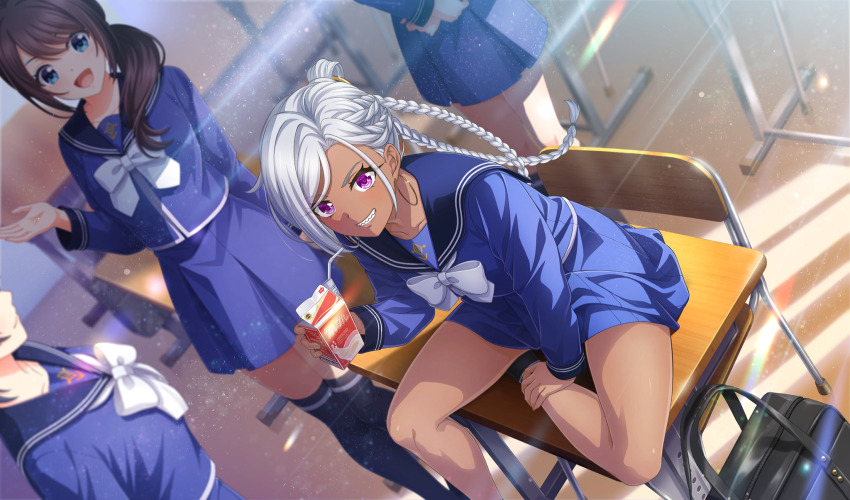 4girls :d asymmetrical_hair bendy_straw black_bag black_hair black_socks black_thighhighs blue_sailor_collar blue_serafuku blue_shirt blue_skirt blurry bow bowtie chair cinderella_series classroom dark-skinned_female dark_skin depth_of_field desk drinking_straw dutch_angle film_grain game_cg grin hachigatsu_no_cinderella_nine hair_up highres holding_juice_box indoors lens_flare light_particles light_rays long_hair long_sleeves looking_at_viewer mori_veronica_naoko multiple_girls non-web_source official_art open_mouth purple_eyes sailor_collar school_chair school_desk school_uniform serafuku shirt sitting sitting_on_table skirt smile socks solo_focus standing sunbeam sunlight teeth thighhighs white_bow white_bowtie white_hair