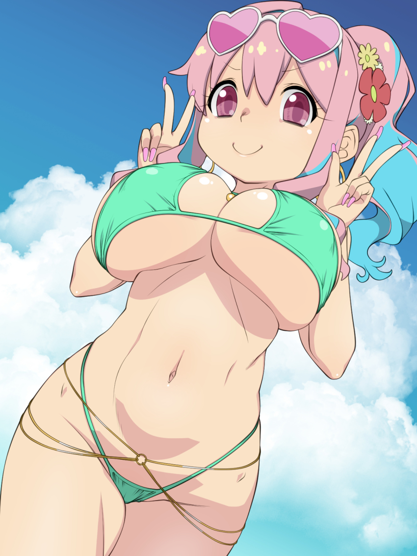 1girl bikini blue_hair blue_sky breasts closed_mouth cloud covered_erect_nipples cowboy_shot day double_w eyebrows eyelashes female_focus fingernails from_below green_bikini gyaru hozuki_kaede huge_breasts long_fingernails long_hair looking_at_viewer looking_down matching_hair/eyes multicolored_hair nail_polish navel nurugamer-kouyouju onii-chan_wa_oshimai! outdoors pink-tinted_eyewear pink_eyes pink_hair pink_nails ponytail sidelocks sky smile smug solo streaked_hair sunglasses_on_head swimsuit tinted_eyewear two-tone_hair w white-framed_eyewear