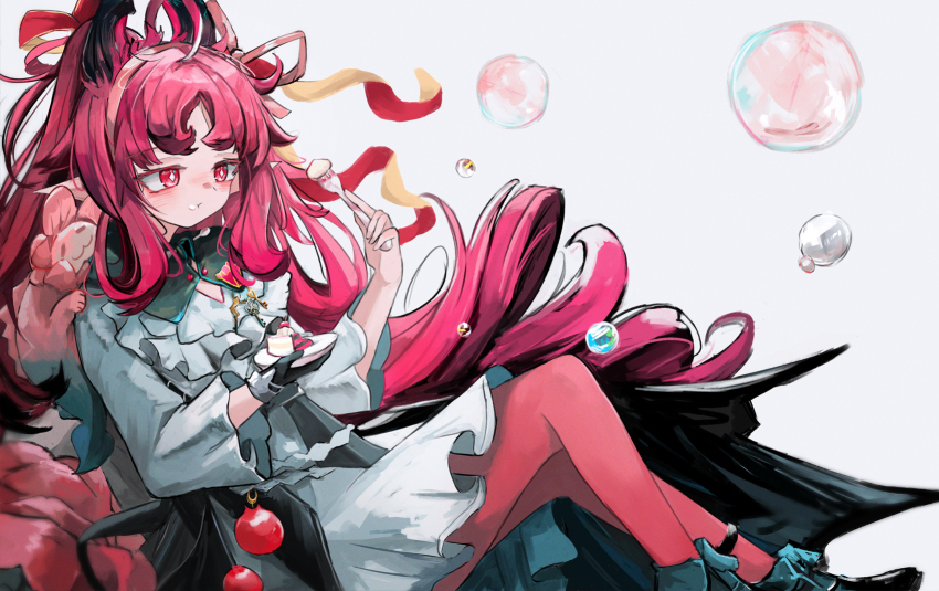1girl arknights black_gloves black_shoes blush bubble cake cake_slice collared_dress commentary dessert diamond-shaped_pupils diamond_(shape) dress eating food foot_out_of_frame fork gloves hair_ribbon highres holding holding_fork holding_plate kari90909 knee_up long_hair long_sidelocks long_sleeves looking_ahead nymph_(arknights) nymph_(sweetness_to_the_heart)_(arknights) pantyhose pink_hair plate puffy_cheeks red_hair red_pantyhose red_ribbon ribbon shoes sidelocks simple_background single_glove sitting solo symbol-shaped_pupils very_long_hair white_background white_dress wide_sleeves