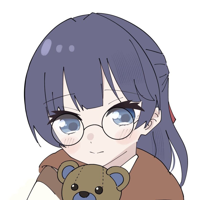 1girl black-framed_eyewear blue_hair blush closed_mouth commentary frown glasses hair_ribbon half_updo highres link!_like!_love_live! love_live! magu_(cv_mgmgcup) murano_sayaka murano_sayaka_(chara_dolce) official_alternate_costume portrait red_ribbon ribbon round_eyewear simple_background solo split_mouth stuffed_animal stuffed_toy symbol-only_commentary teddy_bear virtual_youtuber white_background