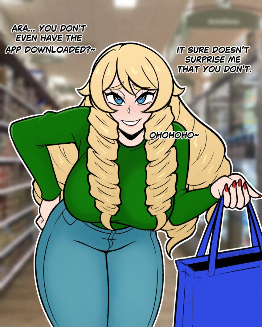 1girl bag blonde_hair blue_eyes blue_pants cianuro denim drill_hair english_text green_shirt grocery_store hand_on_own_hip highres holding holding_bag jeans long_hair looking_at_viewer nail_polish original pants red_nails ringlets shirt shopping shopping_bag solo