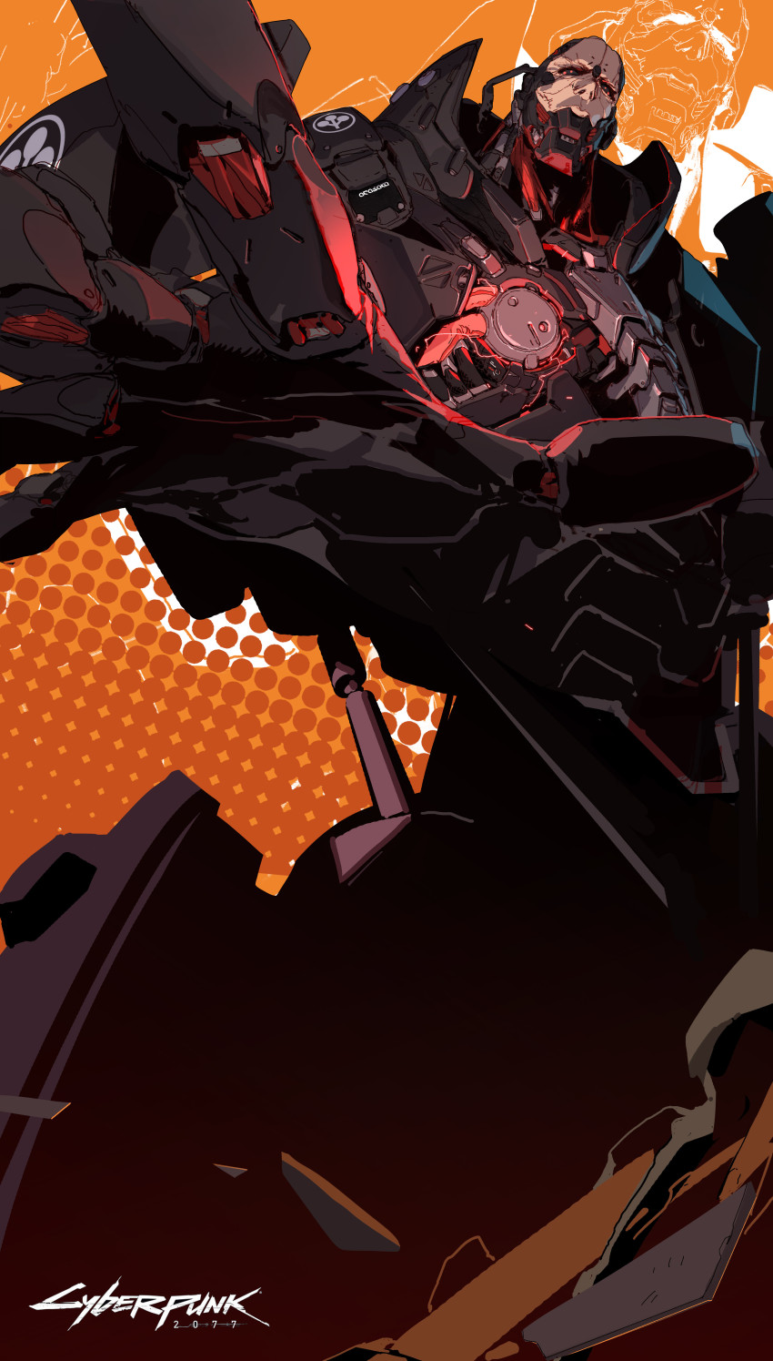 1boy absurdres adam_smasher artificial_eyes cable commentary cyberpunk_(series) cyberpunk_edgerunners cyborg english_commentary glowing head_tilt highres logo male_focus open_hand orange_background piston science_fiction solo wenxu_xu