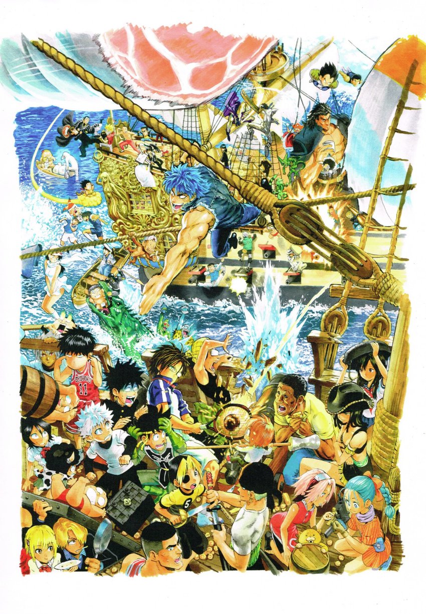 6+girls abs absurdres akagi_takenori annotation_request annoyed aqua_hair ball barrel basketball_uniform black_hair bleach blonde_hair blue_hair boat braid breasts bulma cell_(dragon_ball) character_request cigarette clenched_teeth company_connection copyright_request crossed_arms crossover dark-skinned_male dark_skin dougi dragon_ball dragon_ball_(classic) dragonball_z fighting fighting_stance flying flying_nimbus forehead_protector fork formal_clothes frying_pan gakuran hair_ornament hairclip haruno_sakura hat hatake_kakashi highres hunter_x_hunter imperfect_cell killua_zoldyck kuchiki_rukia medium_breasts money_bag monkey monkey_tail multicolored_hair multiple_crossover multiple_girls murata_yuusuke naruto naruto_(series) nico_robin one_piece open_clothes open_mouth open_shirt paddle painting_(medium) pink_hair pirate_ship plate plugging_ears racket sanji_(one_piece) school_uniform serafuku short_hair shoulder_pads shounen_jump single_braid skirt skirt_tug slam_dunk_(series) soccer_ball solid_circle_eyes son_goku sportswear suit surprised sweatdrop sword tail teeth tennis_racket tennis_uniform toriko toriko_(series) traditional_media two-tone_hair vegeta watercolor_(medium) watercraft weapon white_hair white_hat white_suit