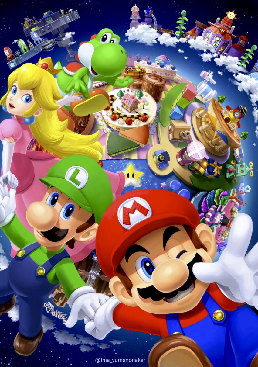1girl 2boys anchor arm_up artist_name bean_stalk blue_eyes blue_overalls blue_pants brothers brown_footwear brown_hair buttons cake cake_slice castle closed_mouth cloud commentary coral coral_reef crown dress earrings elbow_gloves eldstar english_commentary eyelashes facial_hair food fruit gloves green_headwear green_shirt grin hat highres holding_hands house jewelry long_hair long_sleeves looking_at_viewer luigi mario mario_(series) mario_party mario_party_5 mountain multiple_boys mustache nintendo one_eye_closed open_mouth overalls pants pink_dress pink_hair planet princess_peach puffy_short_sleeves puffy_sleeves red_headwear red_shirt robot rocket_ship seashell shell shirt shoes short_hair short_sleeves siblings sky smile space spacecraft sphere_earrings star_(sky) starry_sky strawberry strawberry_shortcake teeth toy toy_block toy_robot tree twitter_username water waterfall whipped_cream white_gloves yoshi yuuma_rimi