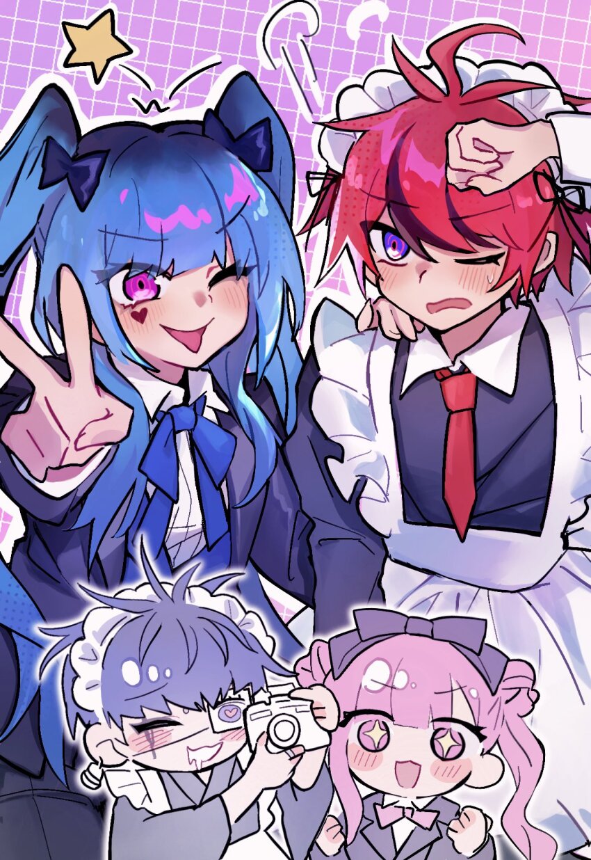 2boys 2girls alternate_costume amemiya_darumi apron black_bow black_hair black_suit blue_eyes blue_hair blush bow camera chibi crossdressing crossdressing_(ftm) crossdressing_(mtf) hand_on_another&#039;s_shoulder hand_on_own_head hands_up looking_at_viewer maid_apron maid_headdress multicolored_hair multiple_boys multiple_girls omokage_yugamu one_eye_closed peace_symbol pink_eyes pink_hair purple_background red_hair star-shaped_pupils star_(symbol) suit sumino_takumi symbol-shaped_pupils the_hundred_line_-last_defense_academy- tsukumo_kako twintails