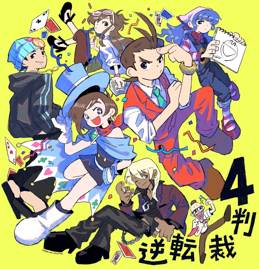 +_+ 3girls 4boys :d absurdres ace_attorney apollo_justice apollo_justice:_ace_attorney black_dress black_hair black_pants black_sandals black_shoes blonde_hair blue_cape blue_eyes blue_hair blue_hat bracelet brown_eyes brown_hair cape card chain_belt collared_shirt commentary confetti copyright_name crossed_legs dark-skinned_male dark_skin dress earrings ema_skye eyewear_on_head facial_hair gloves green_necktie grey_hoodie half_updo hat hat_tip highres hood hood_down hoodie jacket jewelry karintou klavier_gavin leg_up lion_wa_neteiru long_hair long_sleeves looking_at_viewer multiple_boys multiple_girls multiple_rings necklace necktie open_clothes open_jacket open_mouth overalls pants phoenix_wright pink-tinted_eyewear playing_card purple_jacket red_vest ring sandals shirt shoes short_hair sidelocks simple_background sleeves_rolled_up smile spark_brushel stubble sunglasses tinted_eyewear toothbrush top_hat trucy_wright vera_misham vest white-framed_eyewear white_gloves white_shirt wing_collar yellow_background