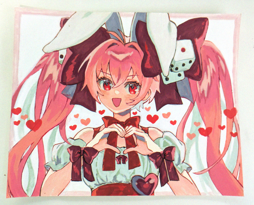 1girl :d animal_ears bow detached_sleeves di_gi_charat dice_hair_ornament hair_between_eyes hair_bow hair_ornament hands_up heart heart_hands long_hair looking_at_viewer numbers_(pigpenandpaper) open_mouth pink_hair puffy_short_sleeves puffy_sleeves rabbit_ears red_bow shirt short_sleeves smile solo traditional_media twintails upper_body usada_hikaru v-shaped_eyebrows white_background white_shirt white_sleeves